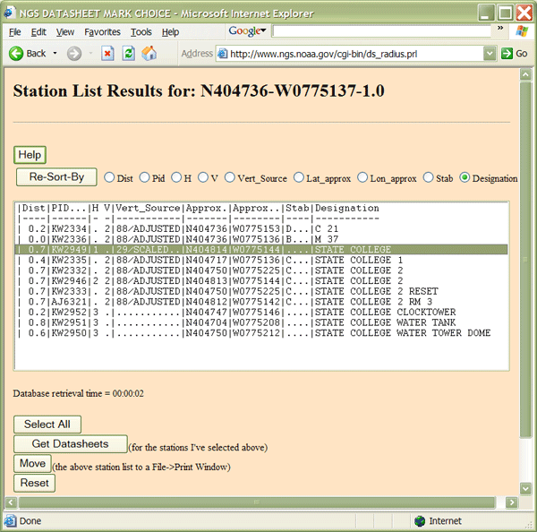 Screenshot of NGS DATASHEET Station List Results