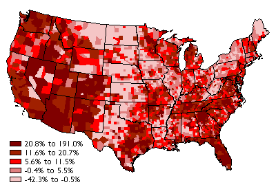 US map showing percent population change by county from 1990 - 2000