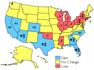 US map showing a gain, loss, or no change in the number of U.S. House of Representatives by state