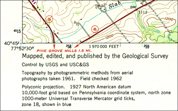 Esquina suroeste de un mapa topográfico USGS de Pine Grove Mills