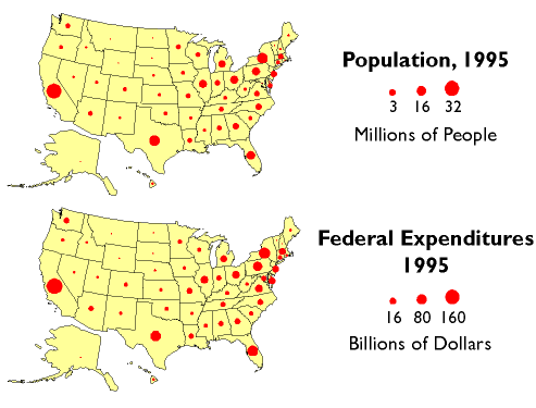 Mapa de Estados Unidos que muestra población y gastos federales, por estado, 1995