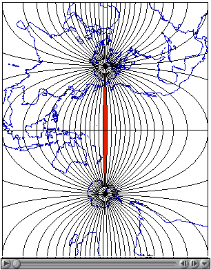 Один кадр анімації, що показує послідовність 60 поперечних проекцій Меркатора