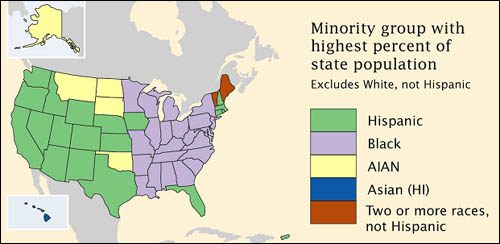 Mapa de Estados Unidos que muestra grupos minoritarios con mayor porcentaje de población para cada estado
