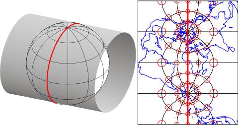 una proyección transversal de Mercator del mundo con meridiano estándar a 0° de longitud