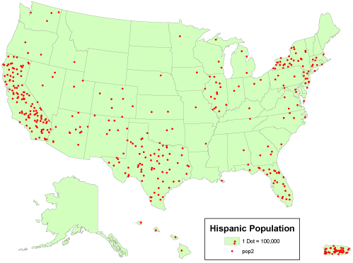 Un mapa de densidad de puntos de Estados Unidos que muestra población hispana