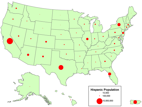 Un mapa de círculo proporcional de Estados Unidos que muestra la población hispana para cada estado