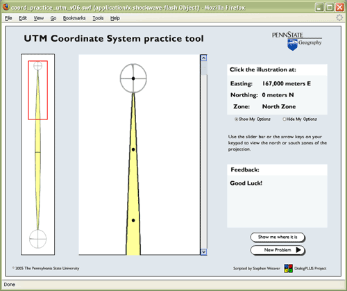 Captura de pantalla de herramienta de práctica del sistema de coordenadas UTM
