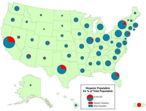 Un mapa de gráfico circular de Estados Unidos que muestra a la población hispana como un porcentaje de la población total para cada estado