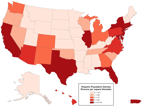 Un mapa de color graduado de Estados Unidos (coropletas) que muestra la densidad de población hispana para cada estado
