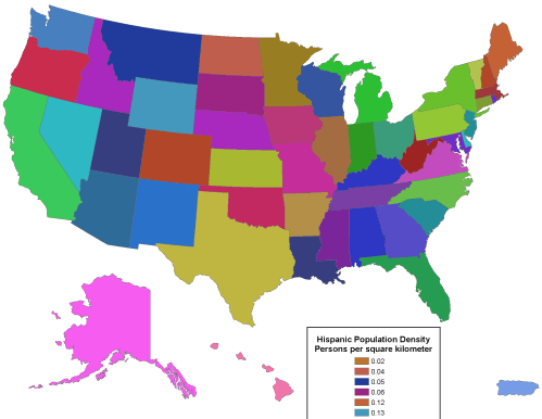 Un mapa de valores únicos de Estados Unidos que muestra la densidad de población hispana para cada estado