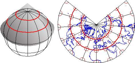 Modelo conceptual de una proyección de mapa Cónico Conformal Lambert (izquierda) y el mapa resultante (derecha)