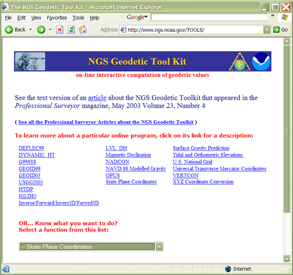 Captura de pantalla del sitio web del kit de herramientas geodésicas de NGS