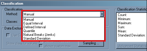 Captura de pantalla de la ventana de clasificación de ArcMap