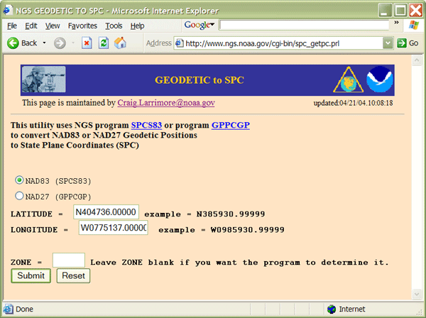 Screenshot of the NGS Geodetic to SPC page