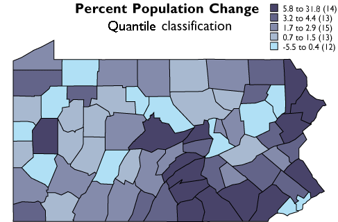 Mapa de PA que muestra las clasificaciones cuantiles del porcentaje de cambios poblacionales para cada condado