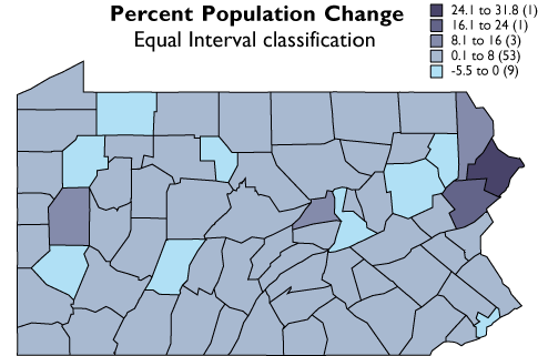 Mapa de PA que muestra las clasificaciones de intervalos iguales del porcentaje de cambios poblacionales para cada condado