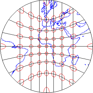 Proyección del mapa del mundo que muestra elipses de distorsión que ilustran el patrón de distorsión característico de una proyección azimutal