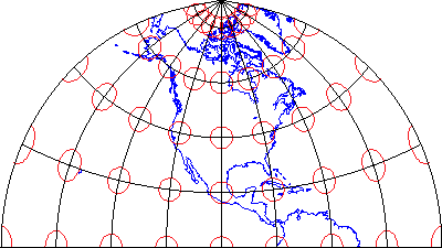Proyección de mapa policónico con elipses que ilustran el patrón de distorsión característico de una proyección de compromiso