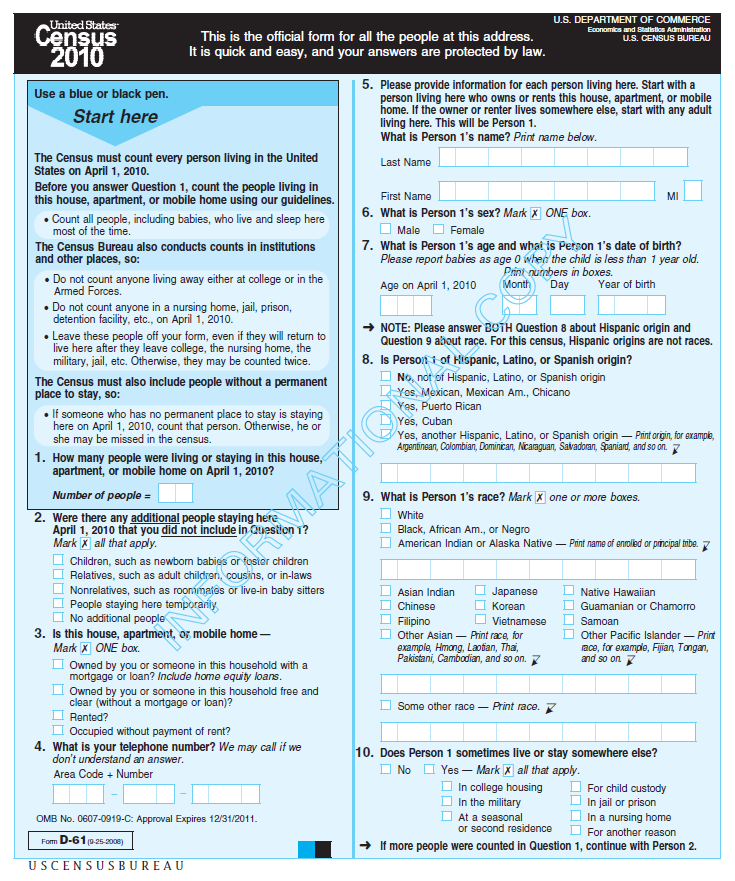 Census 2010 questionnaire