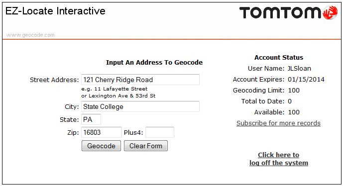 Captura de pantalla de la ventana de envío de direcciones de Tele Atlas Geocode.com