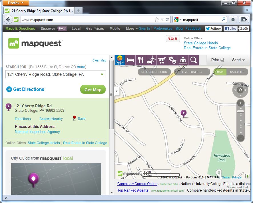 Скріншот локатора адрес Mapquest 2013