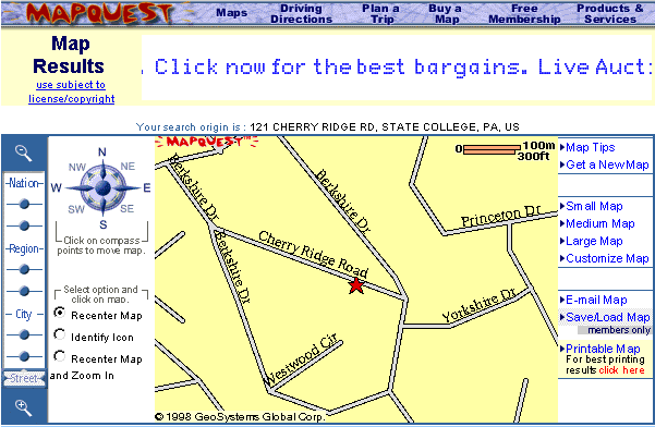 Скріншот програми MapQuest 1998