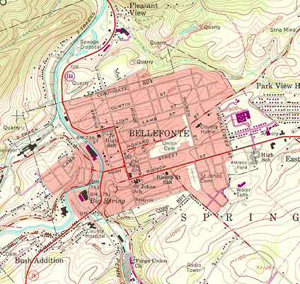 Porción del mapa topográfico USGS de 7,5 minutos para Bellefonte PA