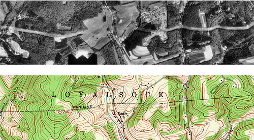 Un despeje de tubería aparece torcido en una imagen aérea no rectificada, pero aparece recto en un mapa topográfico