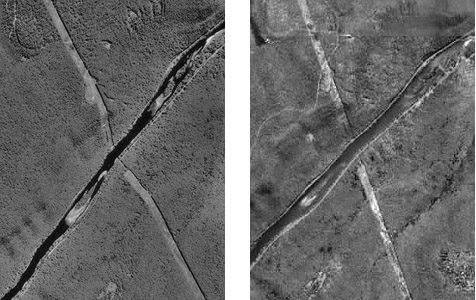 Comparación de imagen aérea vertical no rectificada y ortoimagen de una misma escena