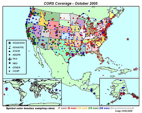 Mapa de Estados Unidos que muestra la cobertura de CORS a octubre de 2005