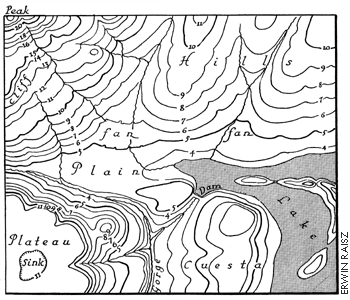 Вид в плані контурних ліній, що використовуються для зображення поверхні місцевості