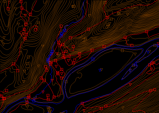 Image of Digital Line Graph hyspography, hydrography, and transportation layers viewed in Global Mapper software