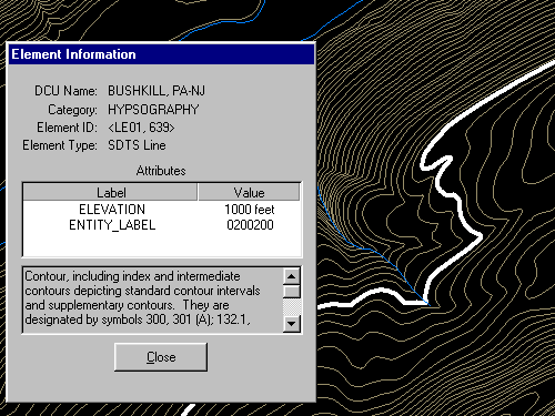 Atributos de una línea de contorno en una capa de hipsografía DLG, vistos en el software Global Mapper