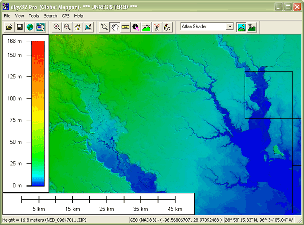 Una parte del Dataset de elevación nacional visto en el software Global Mapper