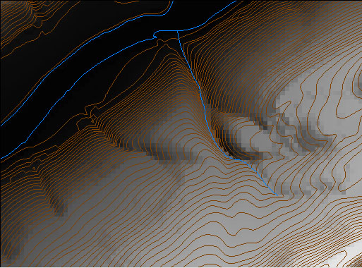 Capas de hipsografía e hidrografía de un gráfico de líneas digitales visualizadas en el software Global Mapper