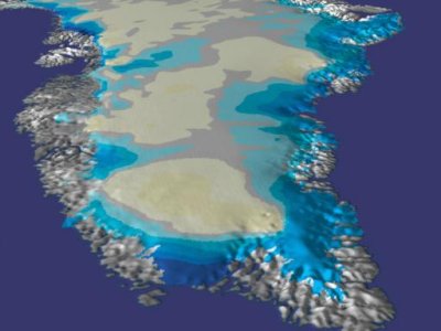 Композитне лідарне зображення, що показує зміни товщини льодового покриву Гренландії