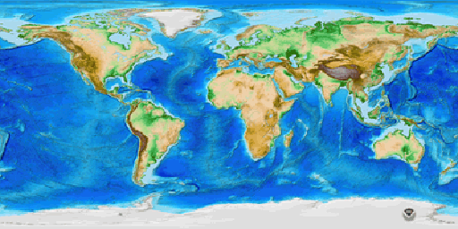 Карта світу, сформована на основі глобальної місцевості ETOPO1 (з висотою льоду) та даних батиметрії
