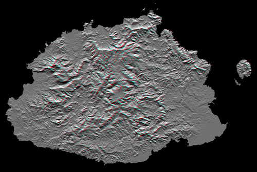 Imagen estéreo anaglifa de la superficie del terreno de Fiji mapeando por Shuttle Radar Topography Mission