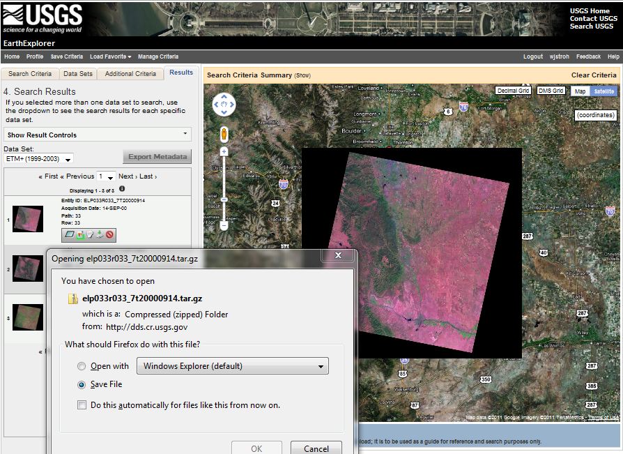 Captura de pantalla de la ventana de descarga Earth Explorer
