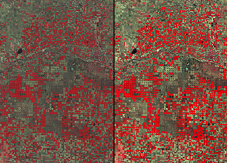 Efectos antes y después del estiramiento de contraste de dos imágenes producidas a partir de datos de Landsat MSS