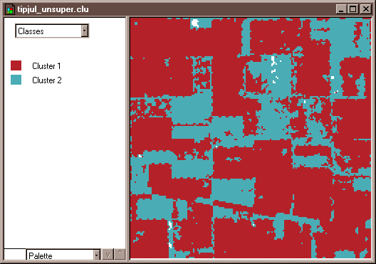 Captura de pantalla que muestra el mapa de cobertura terrestre de dos clases (clasificación sin supervisión)