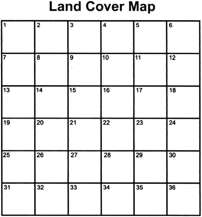 Порожня карта земельного покриву, що складається з сітки 6x6, кожна коробка позначена 1-36