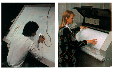 Man vector digitizing with a tablet (left); woman raster digitizing with a drum scanner (right)