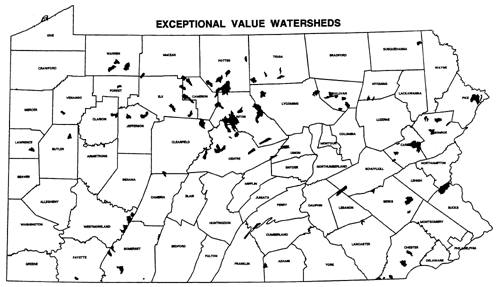 Mapa de Pensilvania mostrando cuencas hidrográficas de valor excepcional