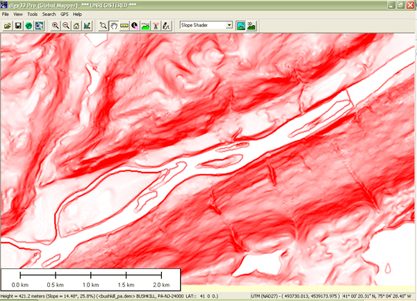 Mapa de pendientes del cuadrilátero Bushkill PA producido con el software Global Mapper