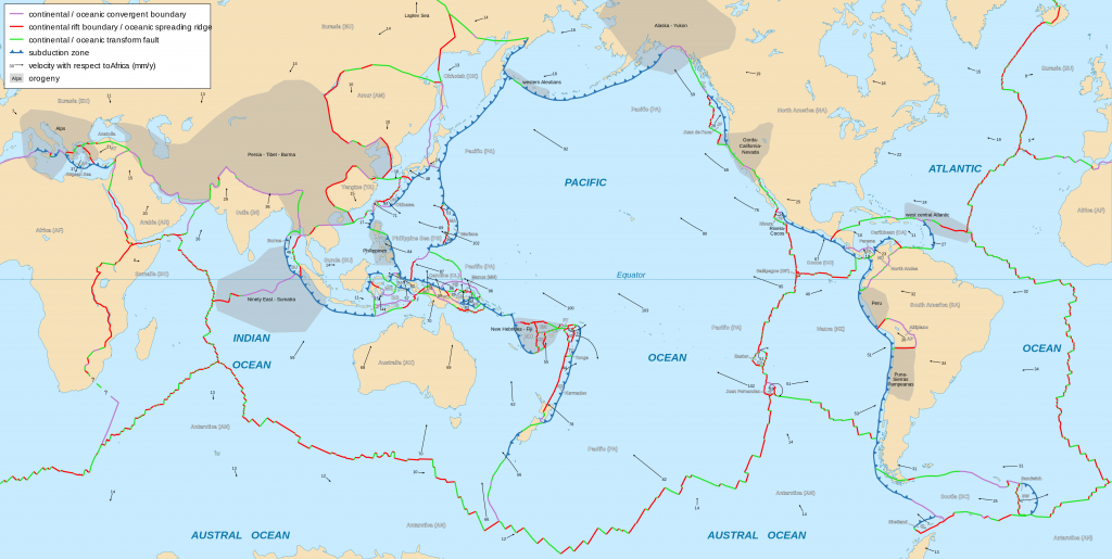 The map shows types of plate boundaries around the world and movement direction, 