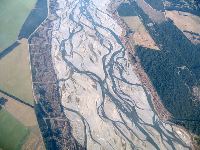 Braided stream pattern on the Waimakariri River in New Zealand.
