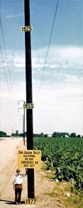 Eivdence of land subsidence from pumping of groundwater shown by dates on a pole