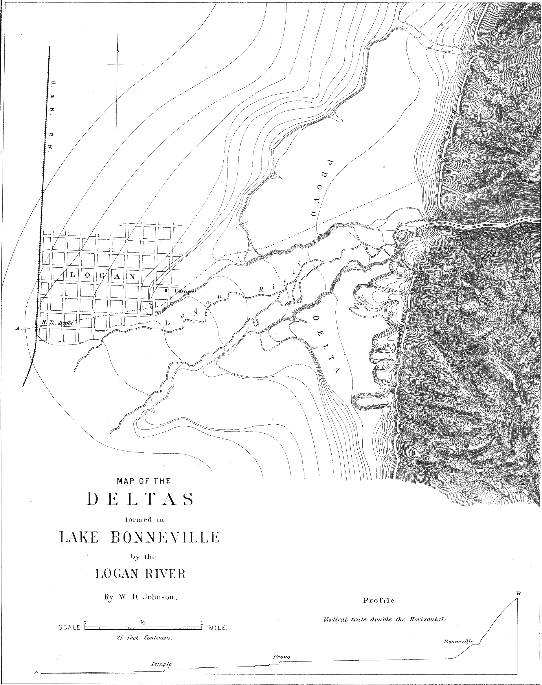 Contours of the Logan Delta, incised by the Logan River.