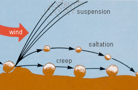 Sand grains bouncing and splashing out other grains in saltation.